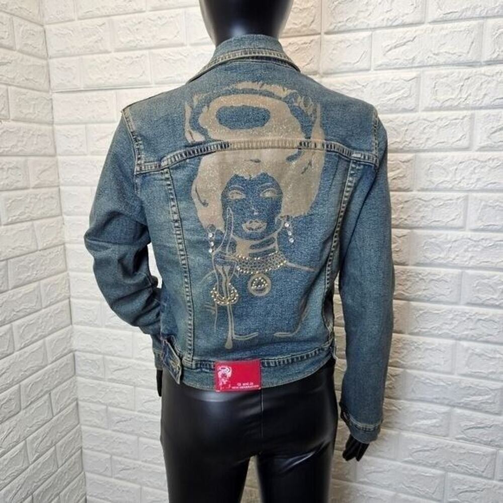 GI and Jo Womens jean jacket M studded graphic ZA